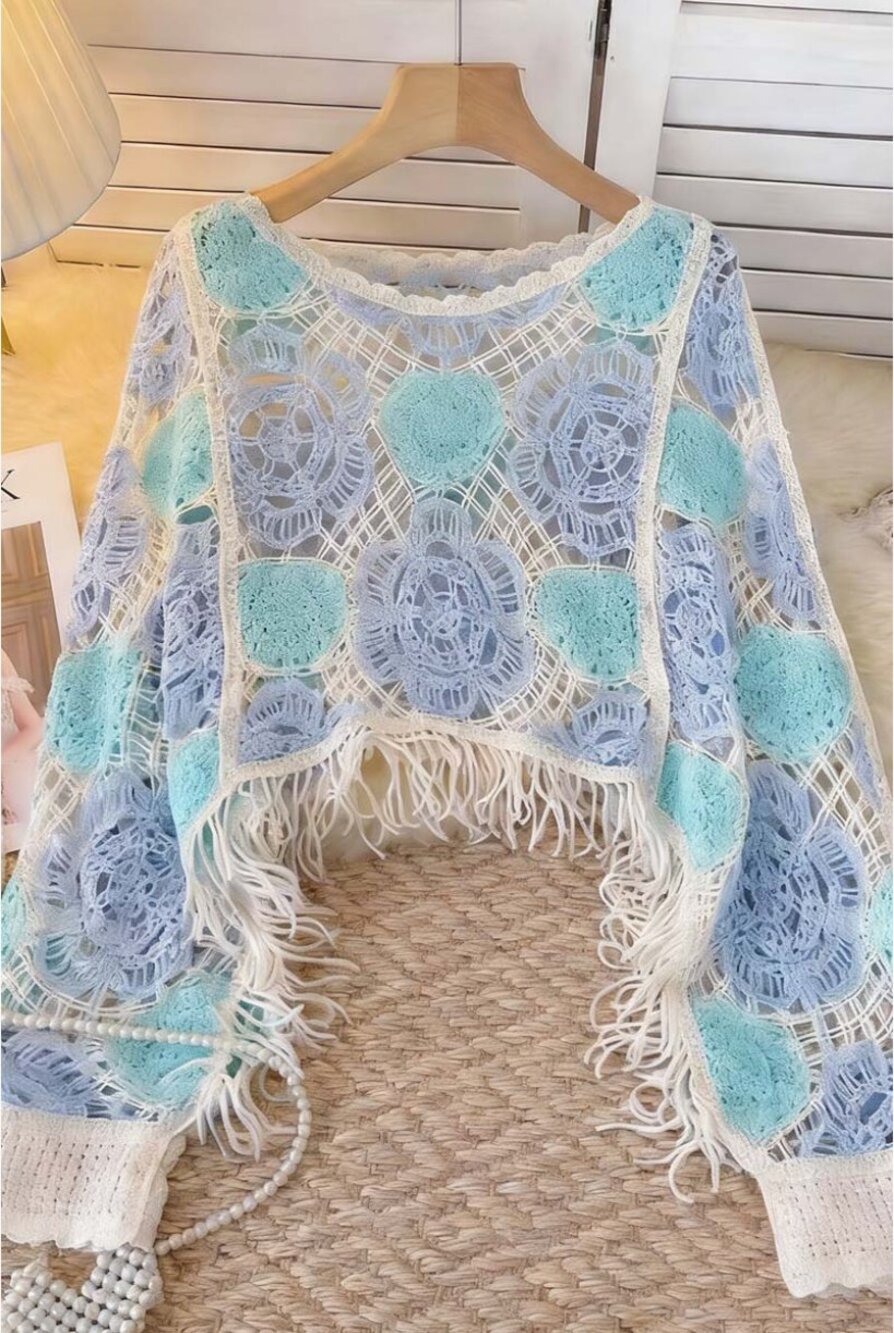 Soli Echo - Blue Crochet Cropped Top